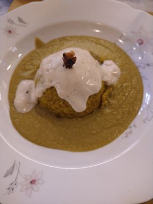 Vegan plate, Dome of millet with erbette, dandelions, cimette di rapa, vegan bechamel sauce & hazelnut at Le Golose Imperfezioni in Como