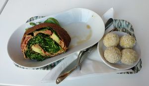 Raw wrap with spicy coconut balls! at Raw n More  in Helsinki