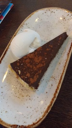 Vegan chocolate torte with coconut sorbet at Las Iguanas - Quayside in Newcastle Upon Tyne