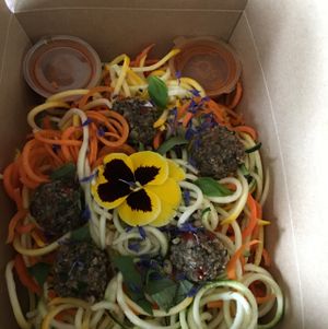 rainbow spaghetti with marinara sauce and walnut meatballs at Earthlings in Bolton