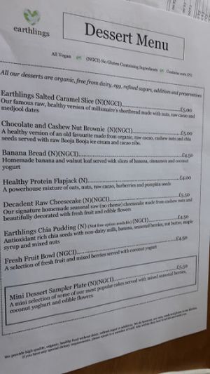 Dessert menu at Earthlings in Bolton