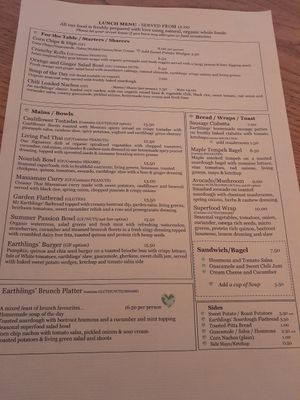 Menu at Earthlings in Bolton
