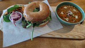 Guacamole bagel with sweet chilli jam and Persian lentil soup at Earthlings in Bolton