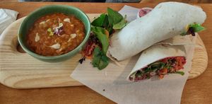 Superfood wrap and Persian lentil soup at Earthlings in Bolton