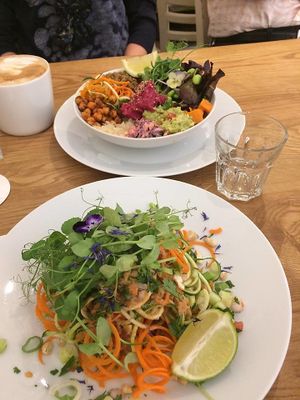 Top dish - Specials Menu 'Organic Nourish Bowl'.
Bottom dish - 'Living Pad Thai'. at Earthlings in Bolton