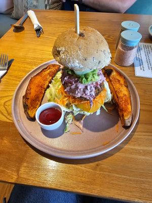 Burger with baked sweet potato at Earthlings in Bolton