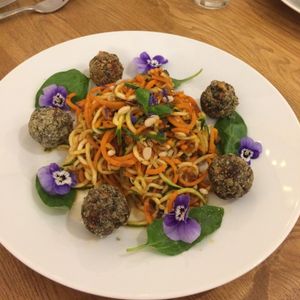 Rainbow vegetable spaghetti with marinara sauce and walnut meatballs. at Earthlings in Bolton