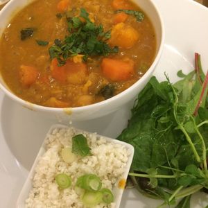 Daily Special Curry - Rogan Josh, served with cauliflower rice and salad. at Earthlings in Bolton
