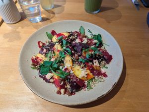 Beetroot and nectarine salad at Earthlings in Bolton