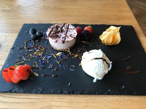 Cheeseless cheesecake with booja booja dairy free ice cream at Earthlings in Bolton