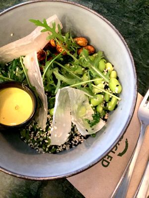 Poke bowl with seaweed, rice, arugula and edamame  at Hafnia Bar in Copenhagen