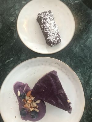 Vegan Bounty bar and blueberry raw cake!! at Hafnia Bar in Copenhagen