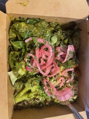 Large bowl takeout box. Build your own with quinoa, black beans, sweet potatoes, broccoli, mushrooms, collard greens, pickled onions, and cilantro lime dressing.  at Revel Kitchen in Brentwood