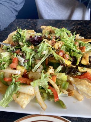 We ordered the Tostada Bowl and were able to request no cheese or sour cream AND super yummy seasoned veggies instead! Our server seemed super clear on what we needed 😊  at La Cueva Restaurante Mexicano in Torrey