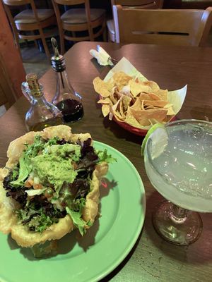Tostada bowl salad (modified vegan), chips, margarita   at La Cueva Restaurante Mexicano in Torrey