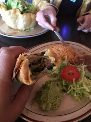 Inside a chimichanga  at La Cueva Restaurante Mexicano in Torrey