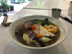 Chinese herbal healing soup with noodles  at Brother Su Vegan Kitchen in New Taipei City
