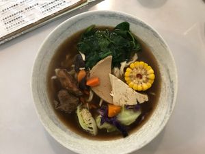 Chinese herbal healing soup with noodles at Brother Su Vegan Kitchen in New Taipei City