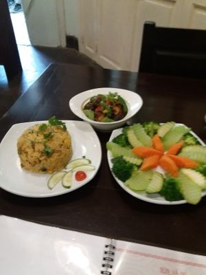 Rice, mixed vegs and mushrooms at Sala Quan in Hanoi