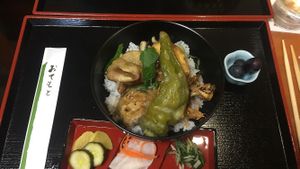 tempura over rice at Arashiyama-kan in Kyoto