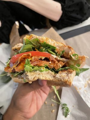 Vegger burger - vegan egg and bacon at Farma Burgerownia Roslinna in Krakow