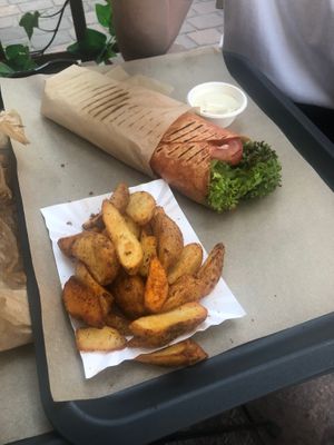 gyros wrap & wedges at Farma Burgerownia Roslinna in Krakow