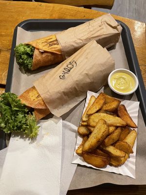 Tomato spicy wrap & Vega Gyros with fries mayonnaise sauce   at Farma Burgerownia Roslinna in Krakow