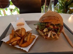 Burger and wedges at Farma Burgerownia Roslinna in Krakow