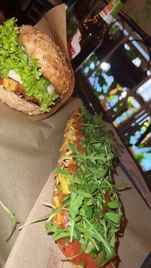 Zapikanki and vegan burger  at Farma Burgerownia Roslinna in Krakow