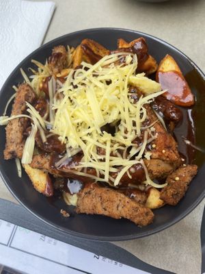 Farmerski poutine with gyros  at Farma Burgerownia Roslinna in Krakow