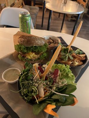 sloppy farma burger, poutine, vega gyros salad (monster not included)  at Farma Burgerownia Roslinna in Krakow