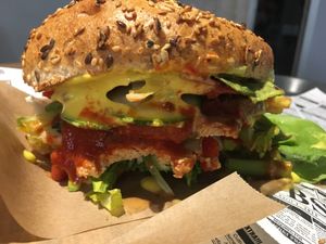 So. Much. Sauce (cheese and spicy) at Farma Burgerownia Roslinna in Krakow