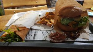 Gyros wrap, wedges and Italianer at Farma Burgerownia Roslinna in Krakow