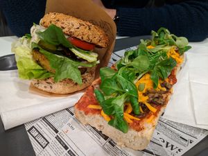 burger and zapiekanka at Farma Burgerownia Roslinna in Krakow