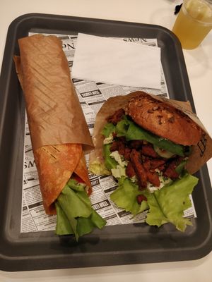 Wrap and burger (both with gyros) at Farma Burgerownia Roslinna in Krakow