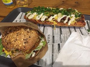 Burger and zapiekanka at Farma Burgerownia Roslinna in Krakow