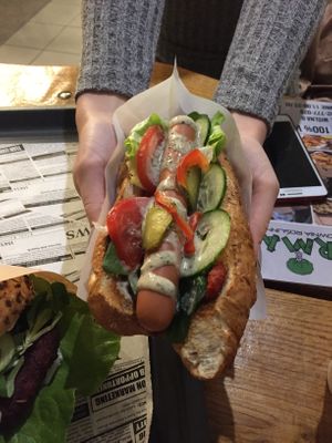 Vegan hot dog at Farma Burgerownia Roslinna in Krakow