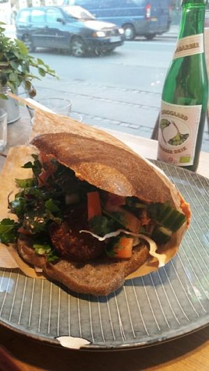 Great falafel on dark bread pictured at Falafel Factory in Copenhagen