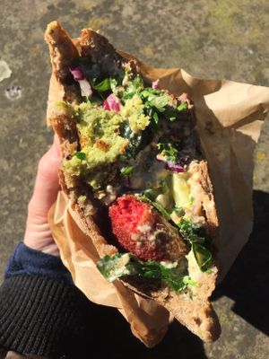 Mix falafel (vegan) pita in dark bread at Falafel Factory in Copenhagen