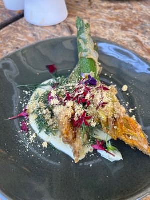 Stuffed zucchini flowers  at Greenhouse Canteen & Bar in Tallebudgera-vallley