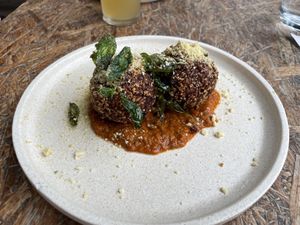 Red pepper arancini balls (very chewy outside)  at Greenhouse Canteen & Bar in Tallebudgera-vallley