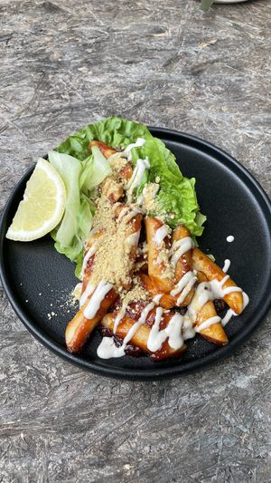 Yummy Korean Rice cakes - unusual but ohh so delish !  at Greenhouse Canteen & Bar in Tallebudgera-vallley