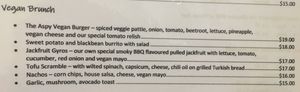 Vegan menu at The Aspy Cafe in Lancefield