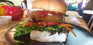 Vegan burger at The Aspy Cafe in Lancefield