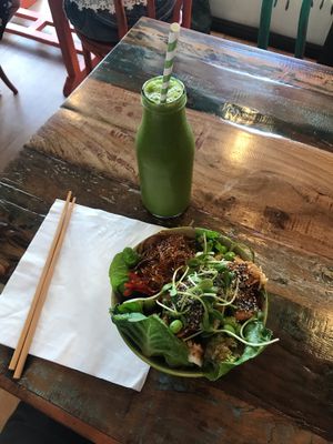 The Asian bowl and a veggie smoothie. So much flavor!  Delicious.  at Rawthentic Organic Unbakery & Farmacy in Gold Coast