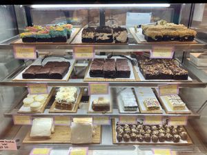 Cabinet of brownies, slices, truffles and sandwiches  at Veganyumm Bakehouse in Brisbane