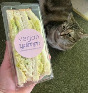 She doesn’t look to excited about the egg sandwich but I was  at Veganyumm Bakehouse in Brisbane