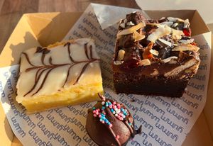 Custard slice, truffle ball and rocky road brownie   at Veganyumm Bakehouse in Brisbane