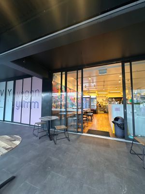 Outside the bakery  at Veganyumm Bakehouse in Brisbane