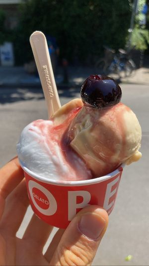 White: elderflower sorbet. Very creamy, distinct elderflower taste. Other: peach & jasmine tea. Refreshing and tasty!  at Roberto Gelato in Utrecht
